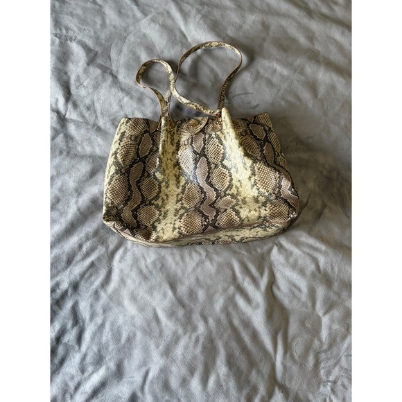 Anne Klein Handbags - Anne Klein Snakeskin Print Tote Bag Gold Tone Hardware Lion Logo Neutral Brown